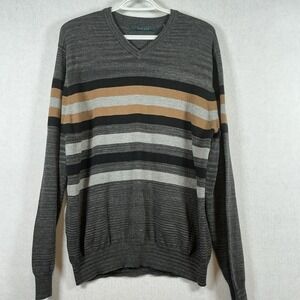 Perry Ellis Mens Long Sleeve Vneck Striped Pullover Sweater Sz‎ Large Gray Black